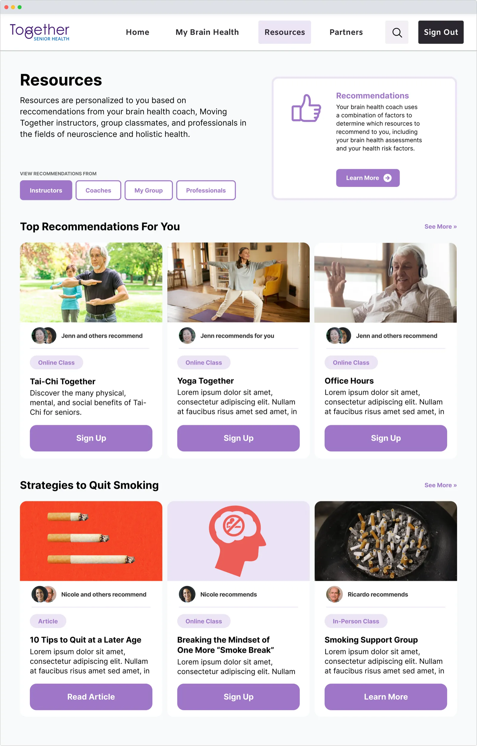 Personalized brain-health resources, matched by coach
